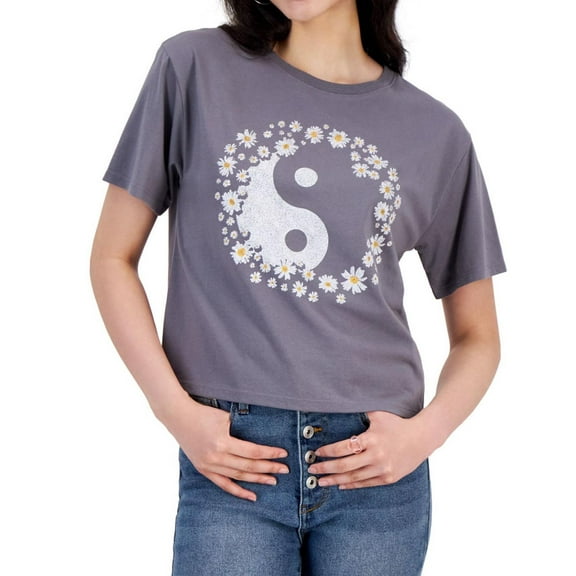 Love Tribe Womens Cropped Relaxed Graphic T-Shirt, Grey, Juniors, Large