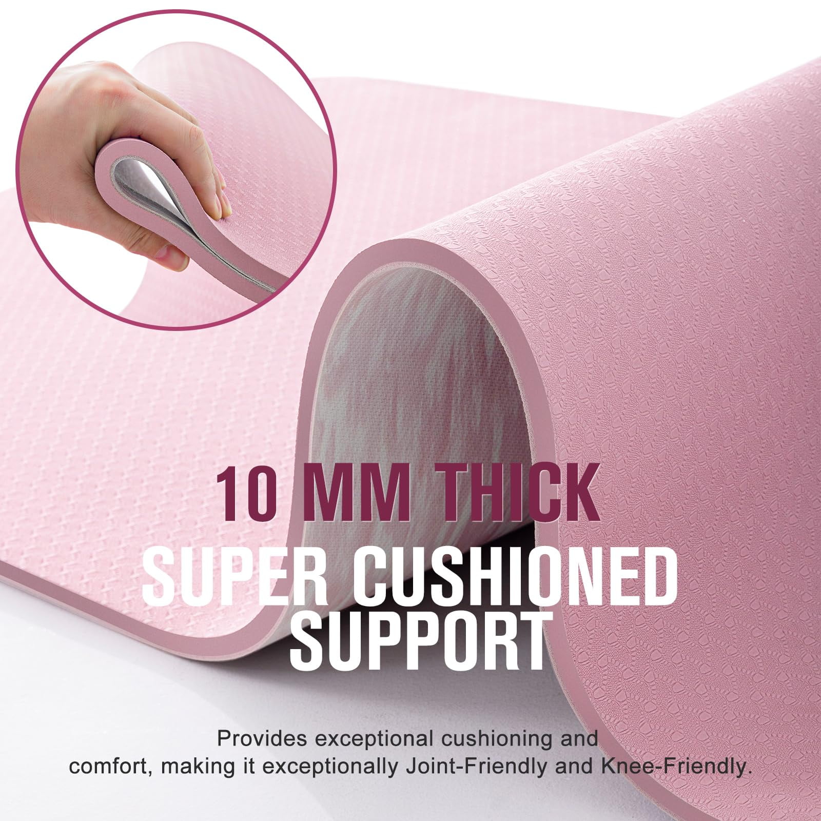 UMINEUX Extra Thick Yoga Mat, 2/5 Inch (10MM), Natural Rubber and TPE Non Slip Yoga Mats with Strap for Women Men, Eco Friendly Exercise Mat for Yoga, Pilates, Pink
