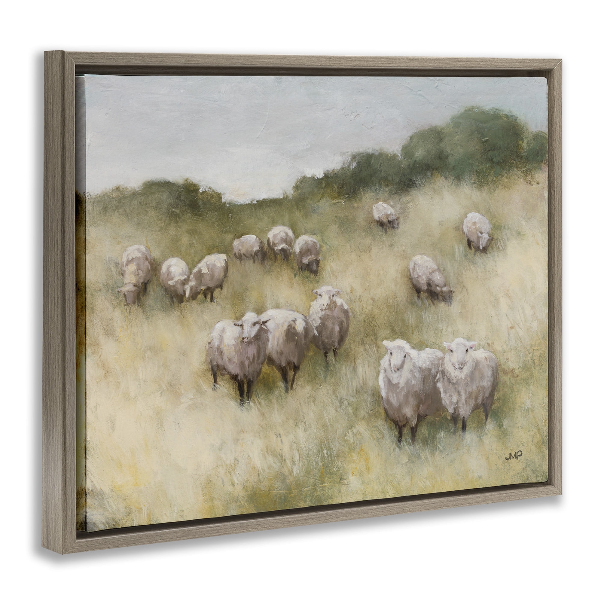 Stupell Industries Sheep Herd in Rural Grassland Animals & Insects Painting Brown Floater Framed Canvas Art Print Wall Art, 21 x 17