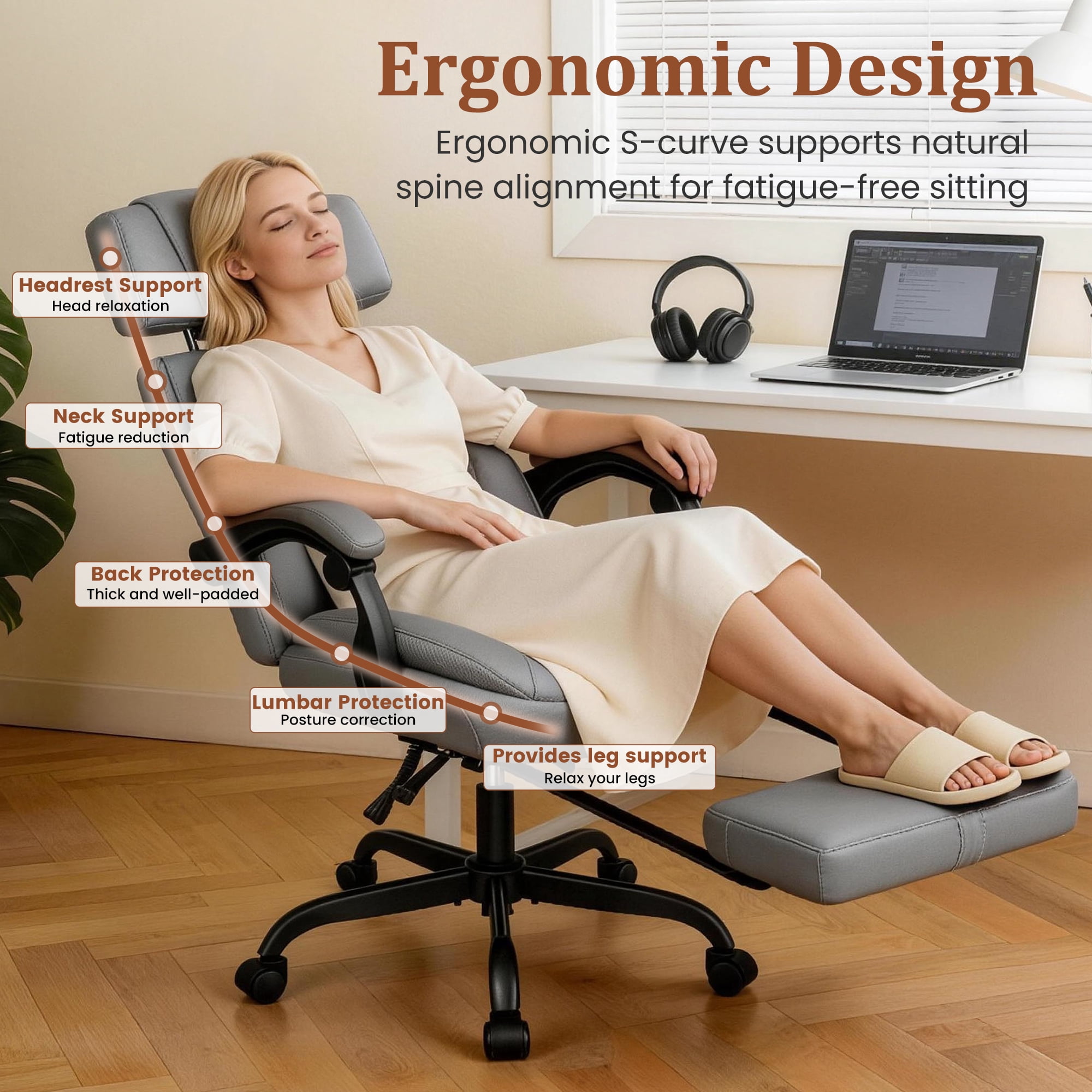 FelixKing Ergonomic Office Chair with Adjustable Headrest Executive Leather Desk Chair with Flip Up Arms, Comfy Computer Chair with Lumbar Support & Rocking Function for Home Office