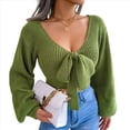 thumbnail image 2 of Suéter de Punto Acanalado con Lazo y Larga para Mujer, Top Corto con Cuello en V para Otoño e Invierno. Verde S, 2 of 10
