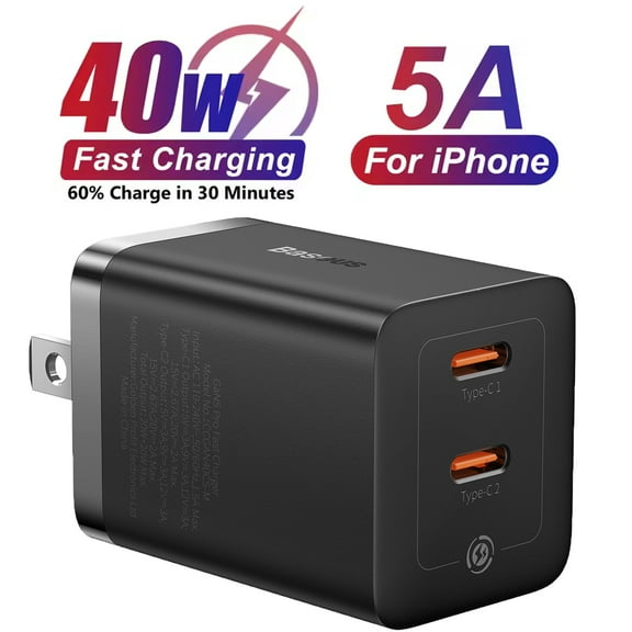 Baseus 40W USB C Dual Port Wall Charger, Compact and Safe Fast Charging, Black