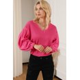 thumbnail image 1 of Haut à Manches Ballon en Tricot Gaufré Rose pour Femmes Col en V, 1 of 5