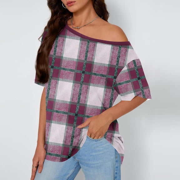 Inverlee Womens Short Sleeve Plaid Shirts Off Shoulder Tops Summer Casual Loose Outfit