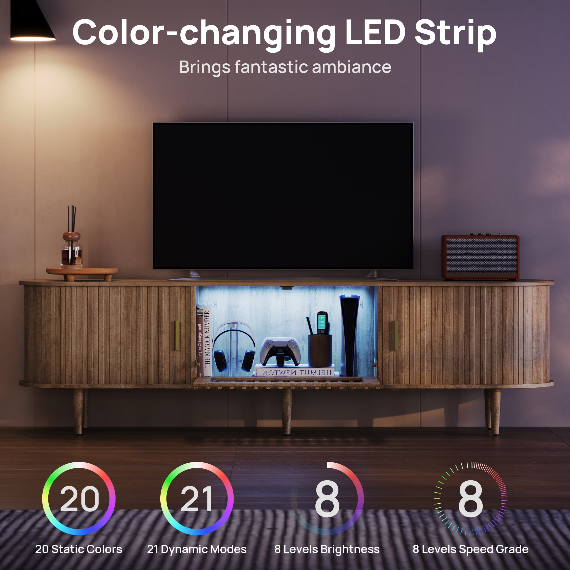 CHIC HOUSE 70" LED TV Stand for TVs up to 75", Mid-Century Modern Entertainment Center with Storage Shelves & Sliding Tambour Door, Oak