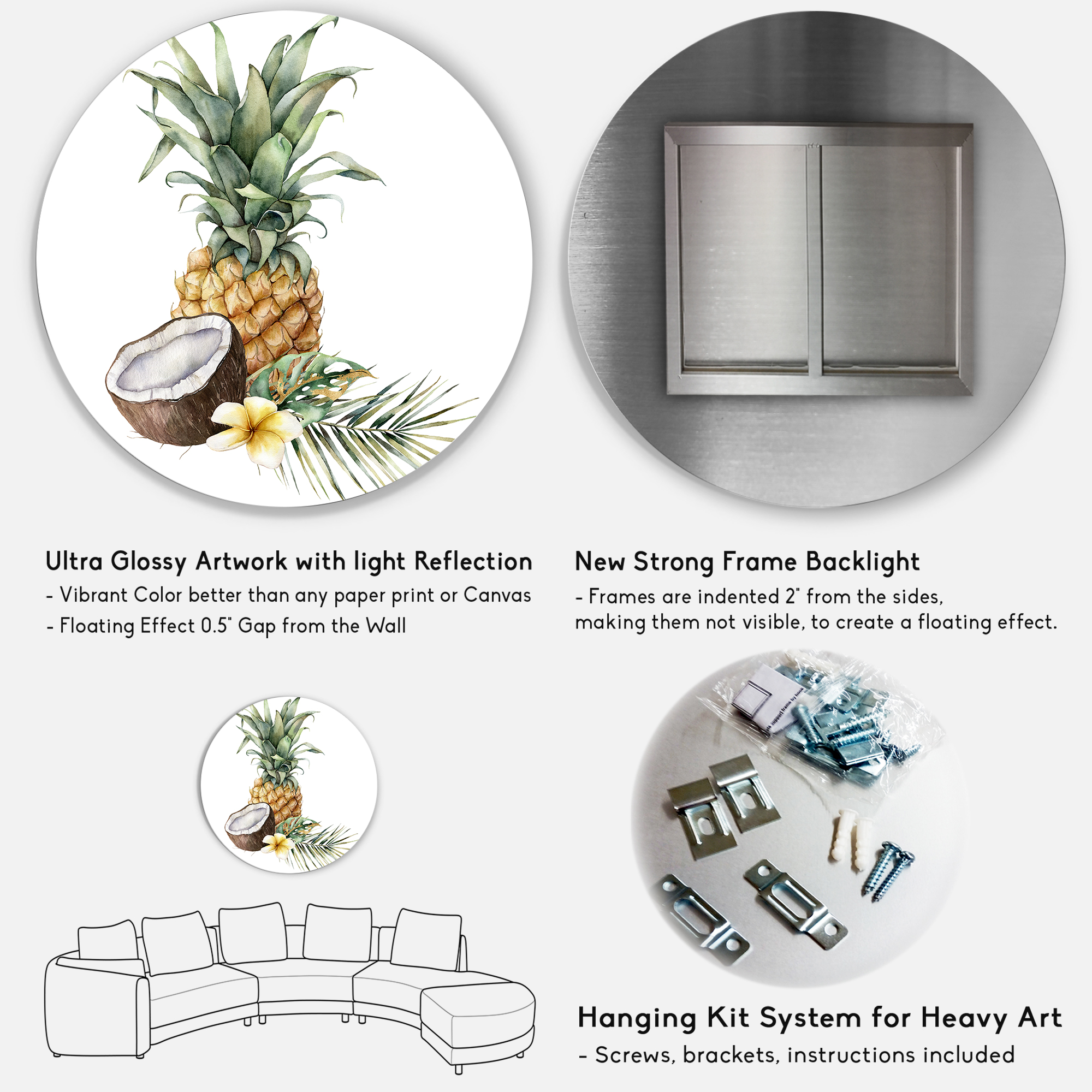 Designart 'Pineapple With Plumeria Coconut and Palm Leaves' Traditional Circle Metal Wall Art 23x23 - Disc of 23