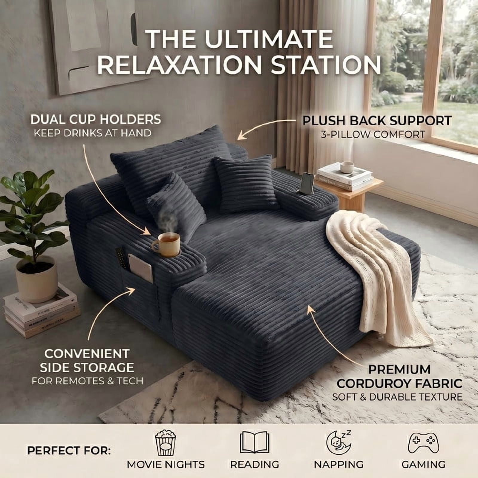 Modern Plush Faux Fur Oversized Chaise Lounge Sofa Chair with Deep Seat Memory Foam and Pillows, No Assembly Required for Living Room Bedroom Studio, Gray