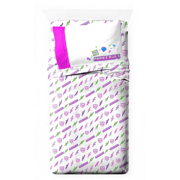 Jay Franco Minecraft Ensemble de Draps Taille Simple - Ensemble de Literie Cyber Néon Super Doux pour Enfants 3 Pcs avec Creeper - Draps en Microfibre Incluant une Housse de Coussin Réversible