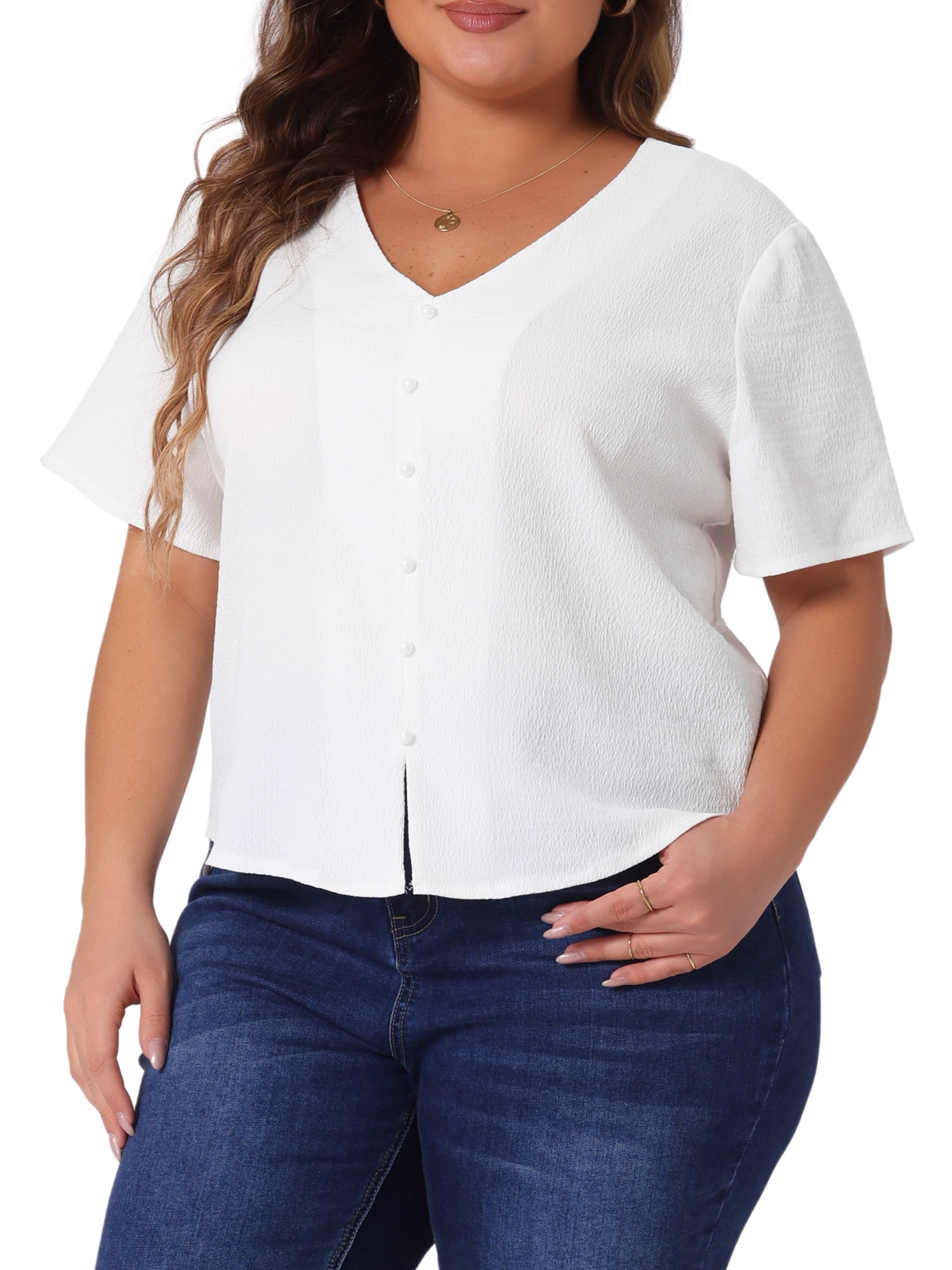 DARING DIVA Women's Plus V Neck Button Casual Blouse 2X White