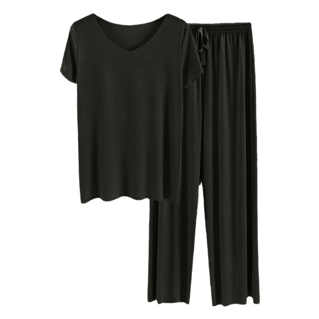 Women's Summer Loungewear Set - Seamless Trousers, Soft Pajamas, Solid Color, Relaxation