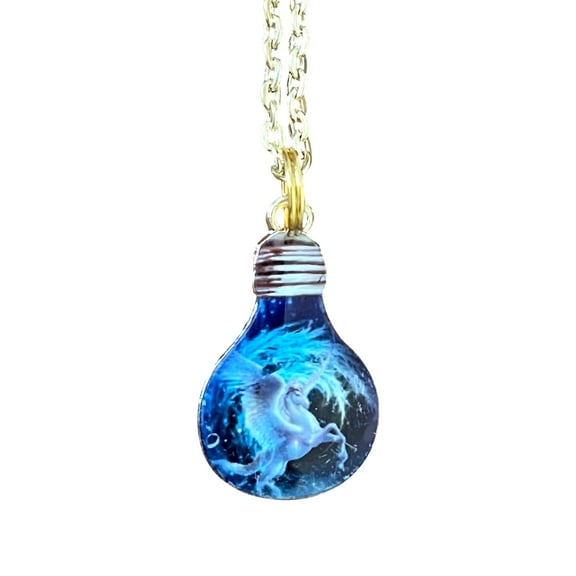White Unicorn Blue Lightbulb Necklace