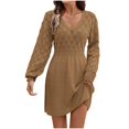 thumbnail image 2 of Women's Fall Winter Casual V-Neck Lace Openwork Scale Texture Solid Color Long Sleeve Sweater Dress, Elegant Knit Dress with Unique Details for Women,Camel,M, 2 of 8