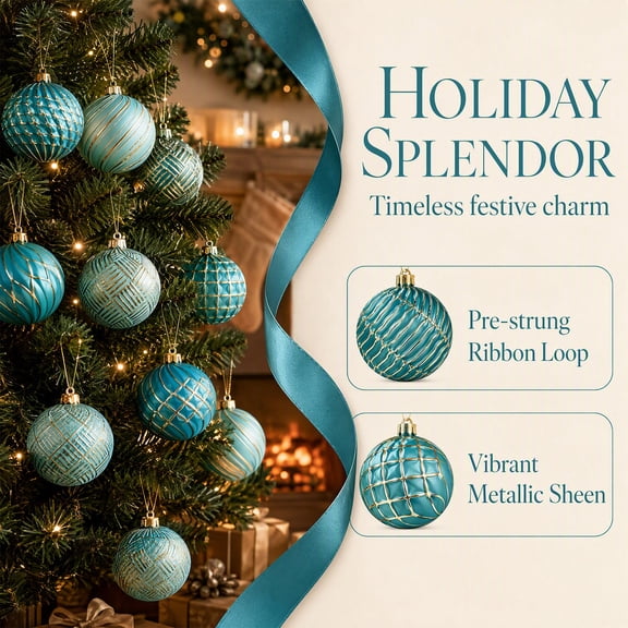 Mecorevxz Christmas Ball Ornaments 12 Pcs Shatterproof Xmas Baubles with Hand Gold Patterns Turquoise Tree Decor(B)