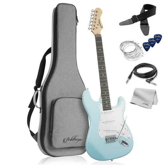 Ashthorpe 39-Inch Electric Guitar with S-S-S Pickups and Tremolo Bar - Light Blue/White