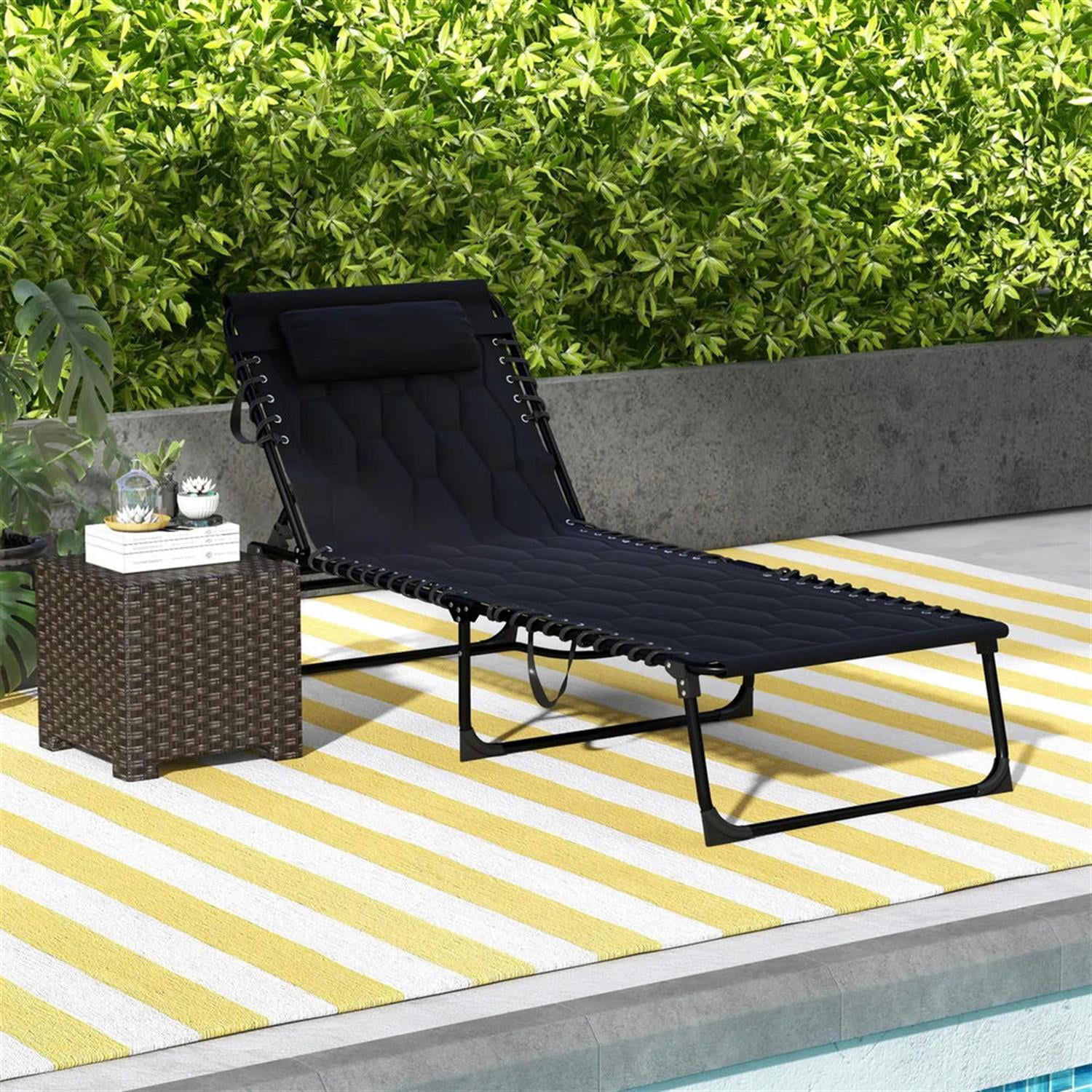 Demi Bonn Outdoor Folding Lounger Chaise with Reclining, Heavy Duty Frame, Portable Relaxation for Beach, Yard, Patio, Black