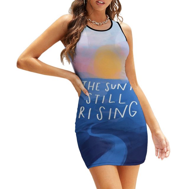 The Sun Is Still Rising-Inspirational Quote And Abstract Blue Sweetheart Knot Flared Dress Fashion Design Large Size Loose