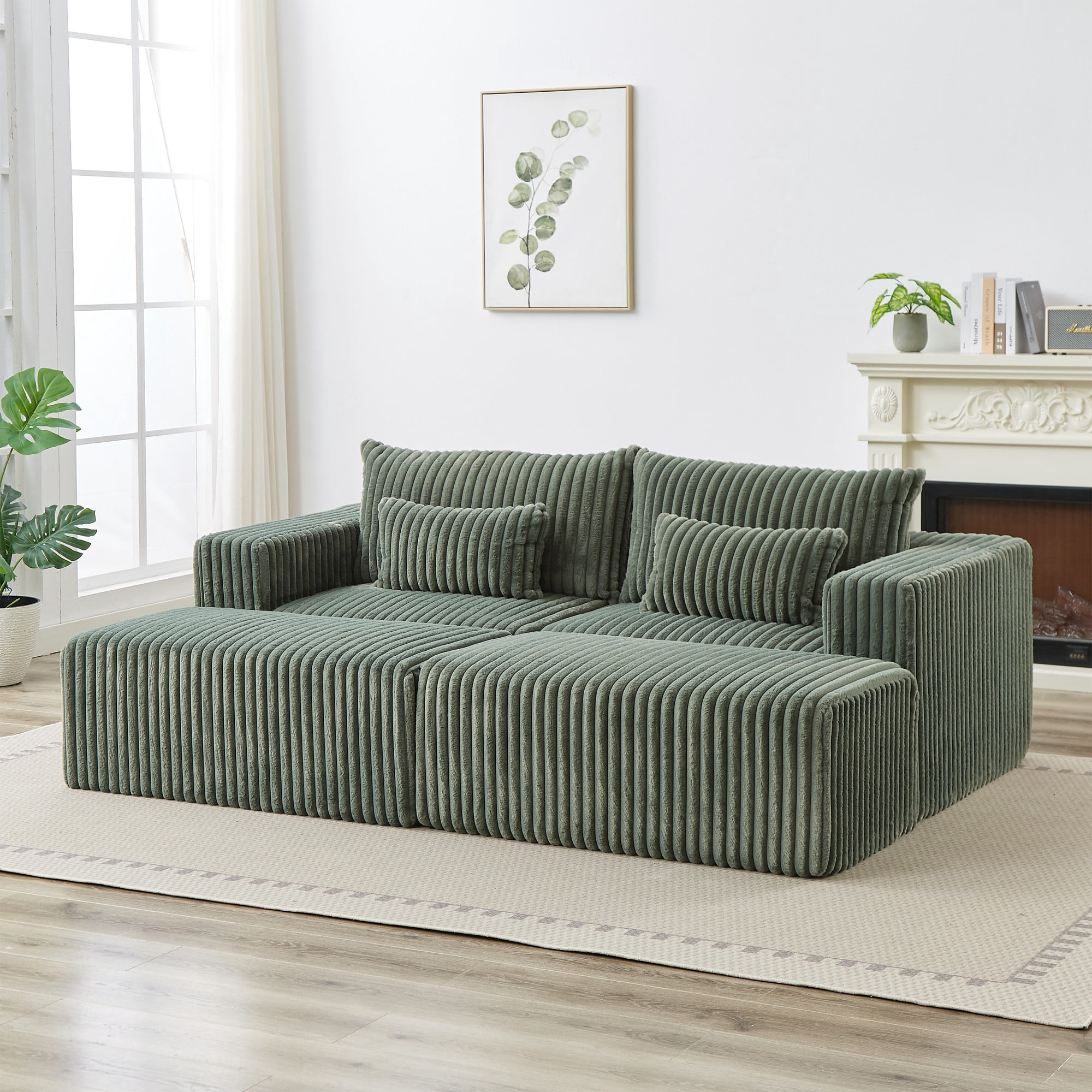 87" Oversized Sectional Lounge Chaise,No Assembly Required,Cloud Plush Loveseat with Two Removable Footstool,Fluffy Modern Sleeper Chair for Indoor Living Room Bedroom (Green)