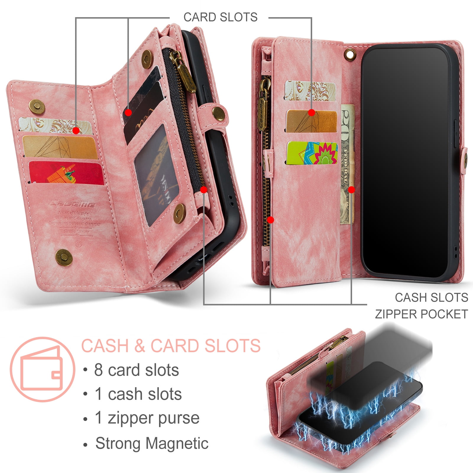 Feishell Durable 2-In-1 Magnetic Detachable Wallet Case for iPhone 11 Pro Max,for Women Men,Premium PU Leather Zipper Pocket Flip Multi Card Slots Purse Phone Case with Wrist Strap,Pink