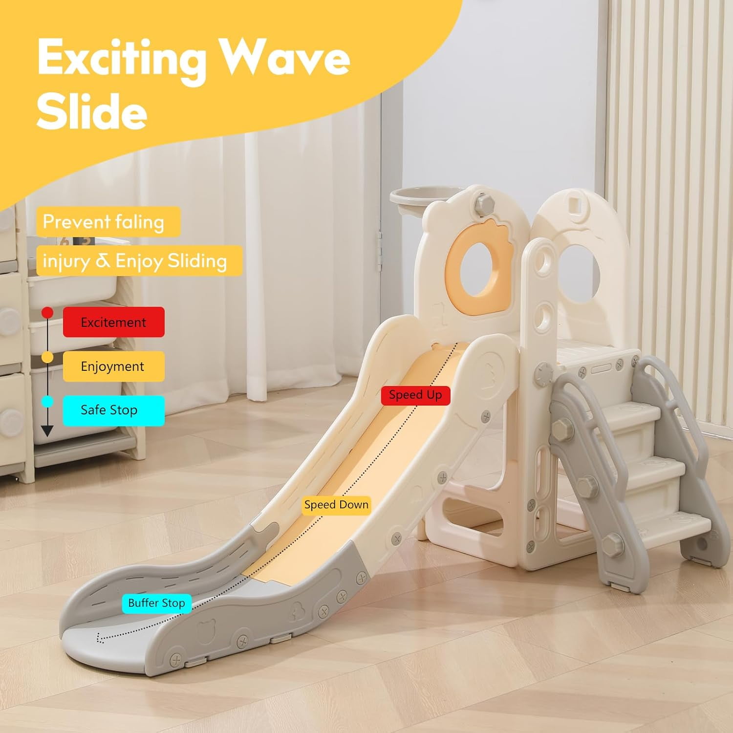 EAYSG 5 in 1 Toddler Slide,Freestanding Toddler Slide, L Shaped Slide with Basketball Hoop，Baby Climber for Indoor Outdoor(S/Beige Grey)