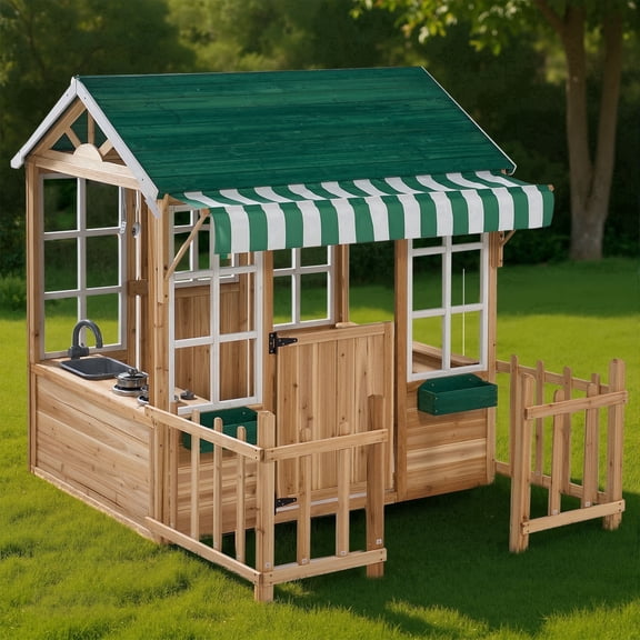 COCLUB Outdoor Wooden Playhouse for Kids Ages 4-8 – Durable Playhouse with Outdoor Kitchen, Snack-Bar & Gardening Kit, Fence (49.5"x62.3"x52.8") | Casa Para Niños de Jardín
