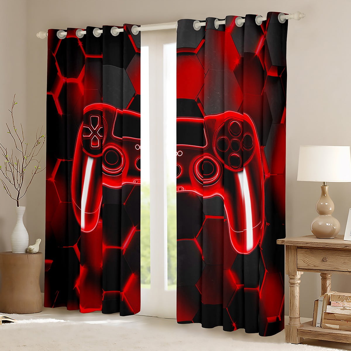 Erosebridal Gaming Gamepad Curtains and Drapes (42x63), Neon Red 30%-50% Blackout Curtains for Bedroom, Modern Video Game Curtains for Living Room, Window Curtains Room Decoration