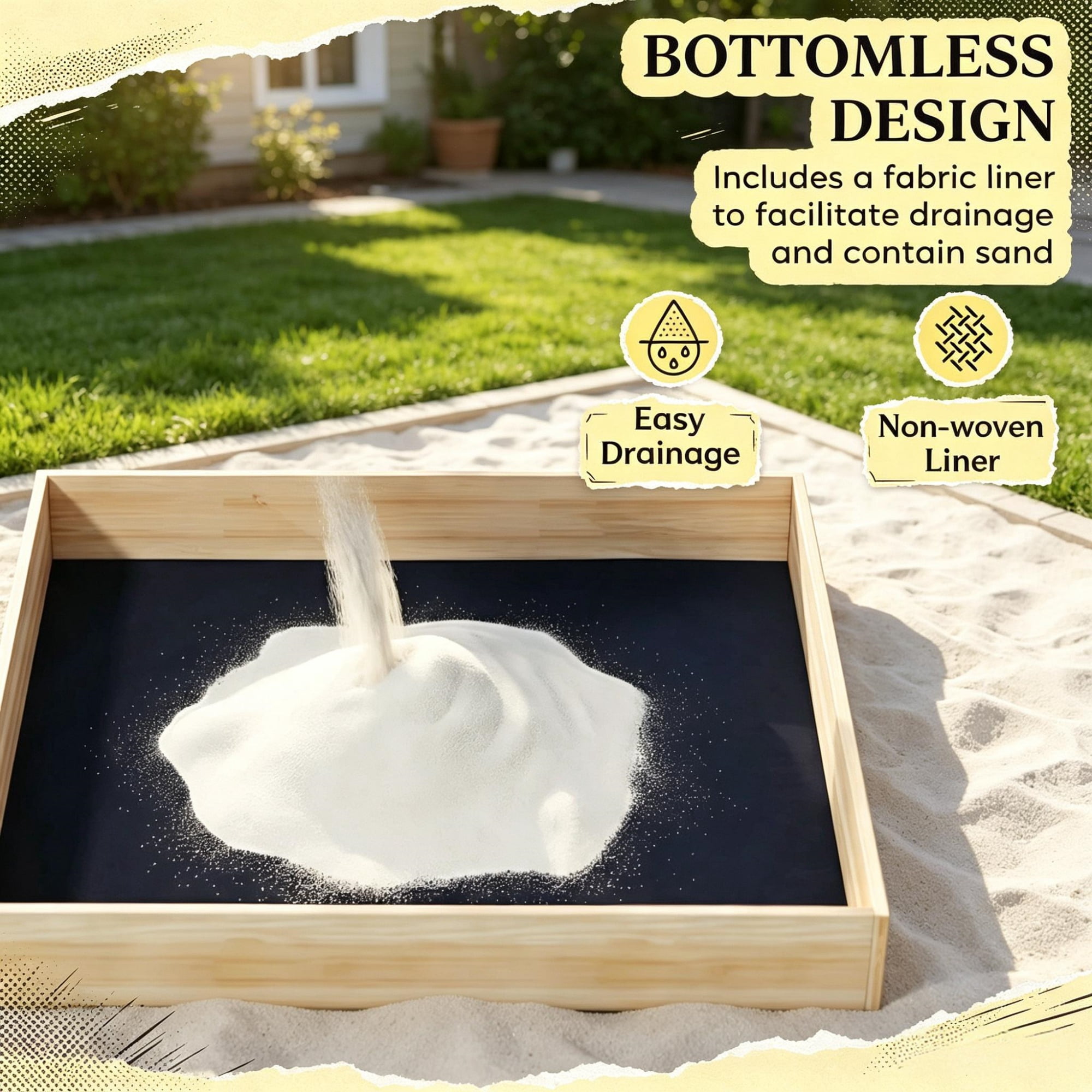 Kids Wooden Sandbox with Digger And 360° Rotating Seat Bottom Liner Included 72" x 35" x 22"