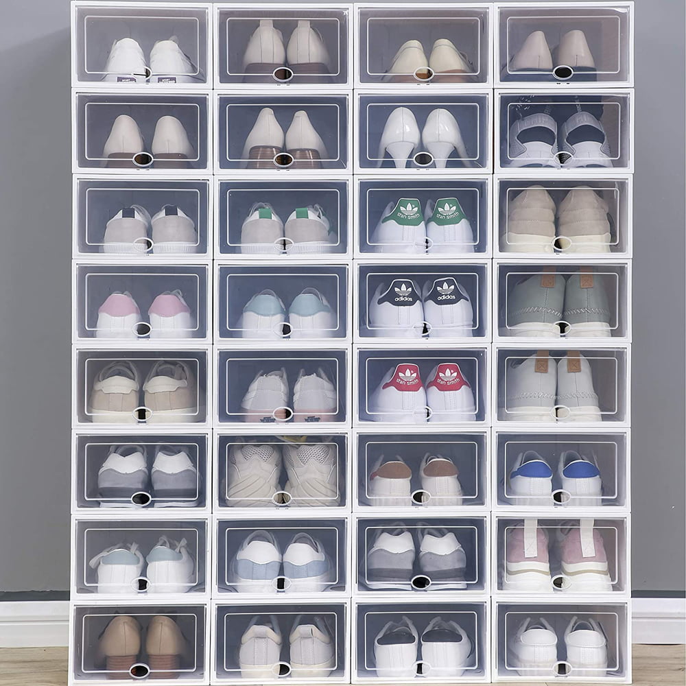 Fit up to US Size 9.5 SONGMICS Shoe Boxes Stackable Shoe Organizers with Plastic Connectors Transparent and White ULSP017W01 Clear Shoe Storage for Sneakers