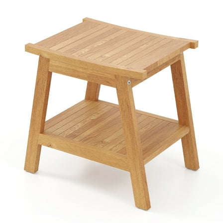 Giantex Teak Shower Stool, Wooden Small Shower Bench w/ Anti-slip Foot Pads, Shower Bath Seat