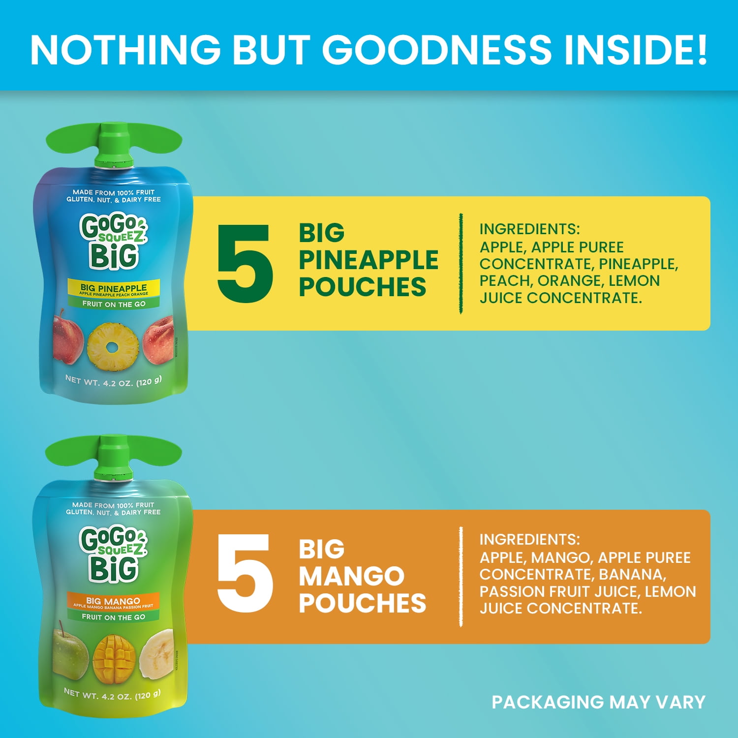 GoGo squeeZ BIG Applesauce and Fruit Puree Variety Pack, BIG Mango and BIG Pineapple Snack Pouches Variety Pack, 4.2 oz, 10 Pack