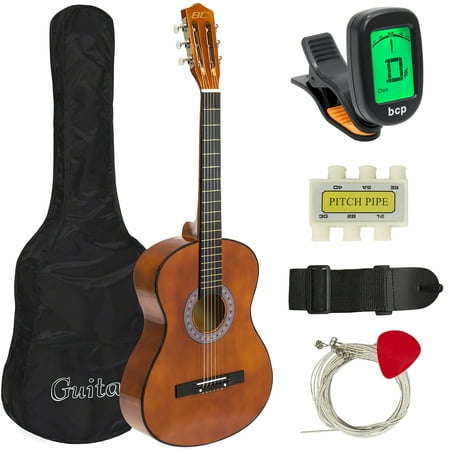 Best Choice Products 38in Beginner Acoustic Guitar Bundle Kit w/ Case, Strap, Digital E-Tuner, Pick, Pitch Pipe, Strings - Brown