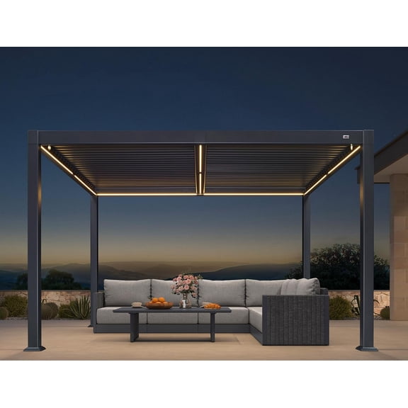PURPLE LEAF 10' x 12' Solar Louvered Pergola with LED String Lights and Control Panel Aluminum Outdoor Pergola with Adjustable Hardtop Roof for Patio Deck Garden Yard Gray
