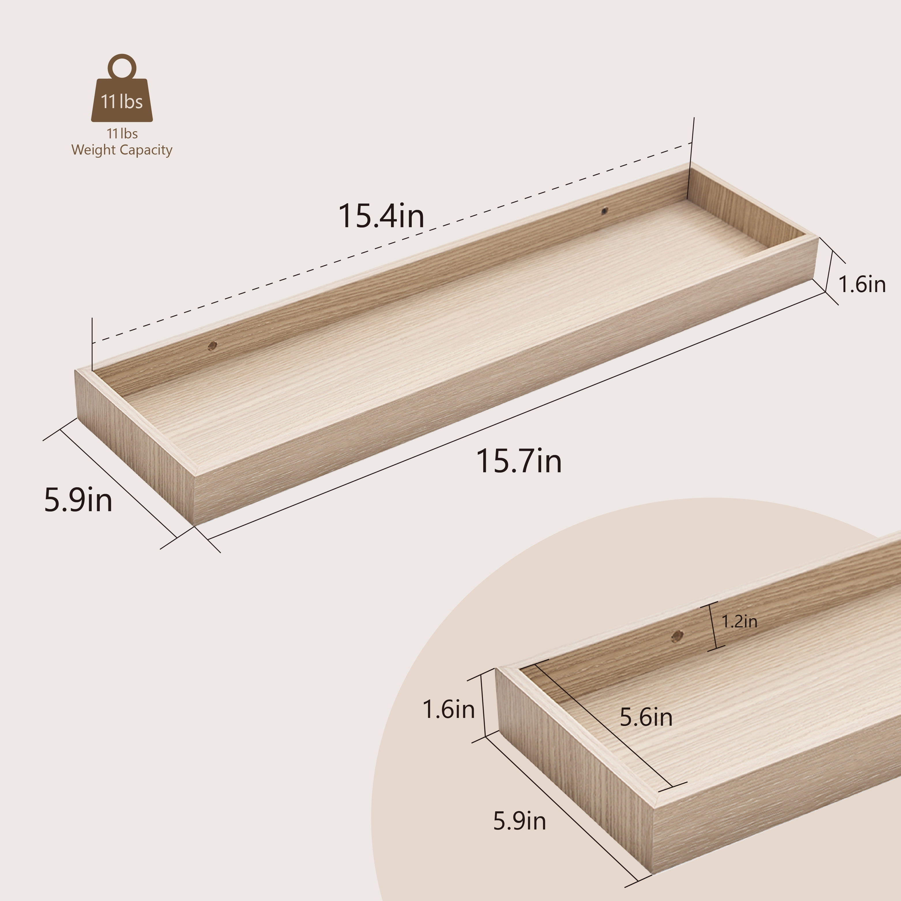 Mifurn 15.7" Floating Shelves for Wall, with Raised Lip, Set of 2, Oak