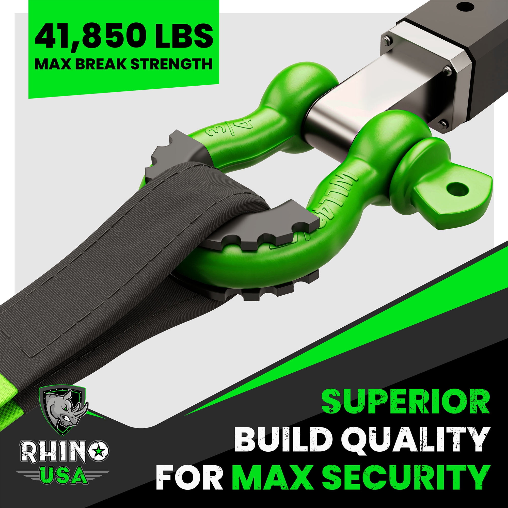 Rhino USA D Ring Shackle - 41,850lb Break Strength - Heavy Duty 3/4" Clevis Shackle w/ 7/8 Pin, Green 2pc