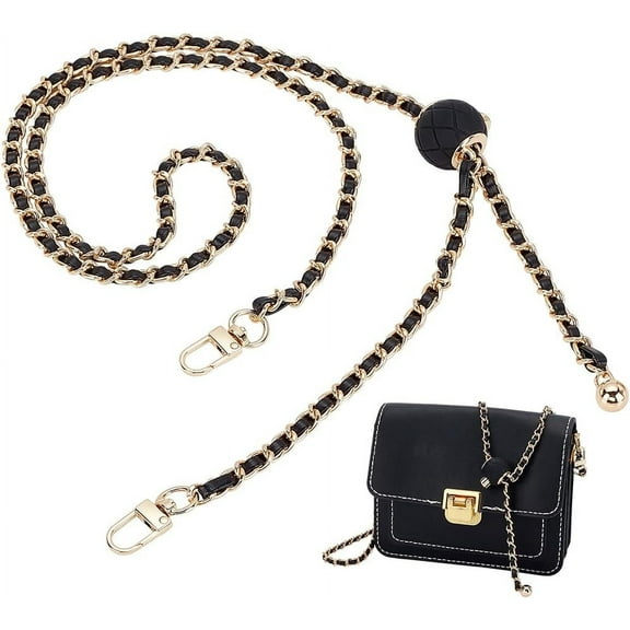 40~47 Inch Purse Chain Strap Adjustable Thin Purse Chain Woven Leather Replacement Strap Black PU Leather Bag Strap with Golden Metal Chain for Women Shoulder Bag Crossbody Bag