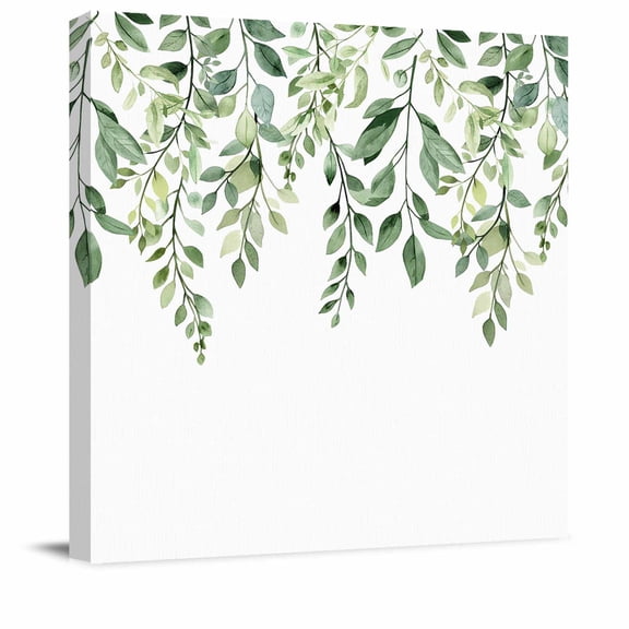 Spring Sage Green Leaves Watercolor Canvas Artwork Painting Art, Farm Foliage on White Square Framed Wall Decorations Prints Picture for Bedroom Kitchen Living Room, 12x12 in