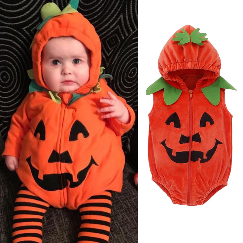 Tensay Newborn Baby Girls Pumpkin Print Halloween Zipper Hooded Romper Bodysuit Sleeveless Costume 