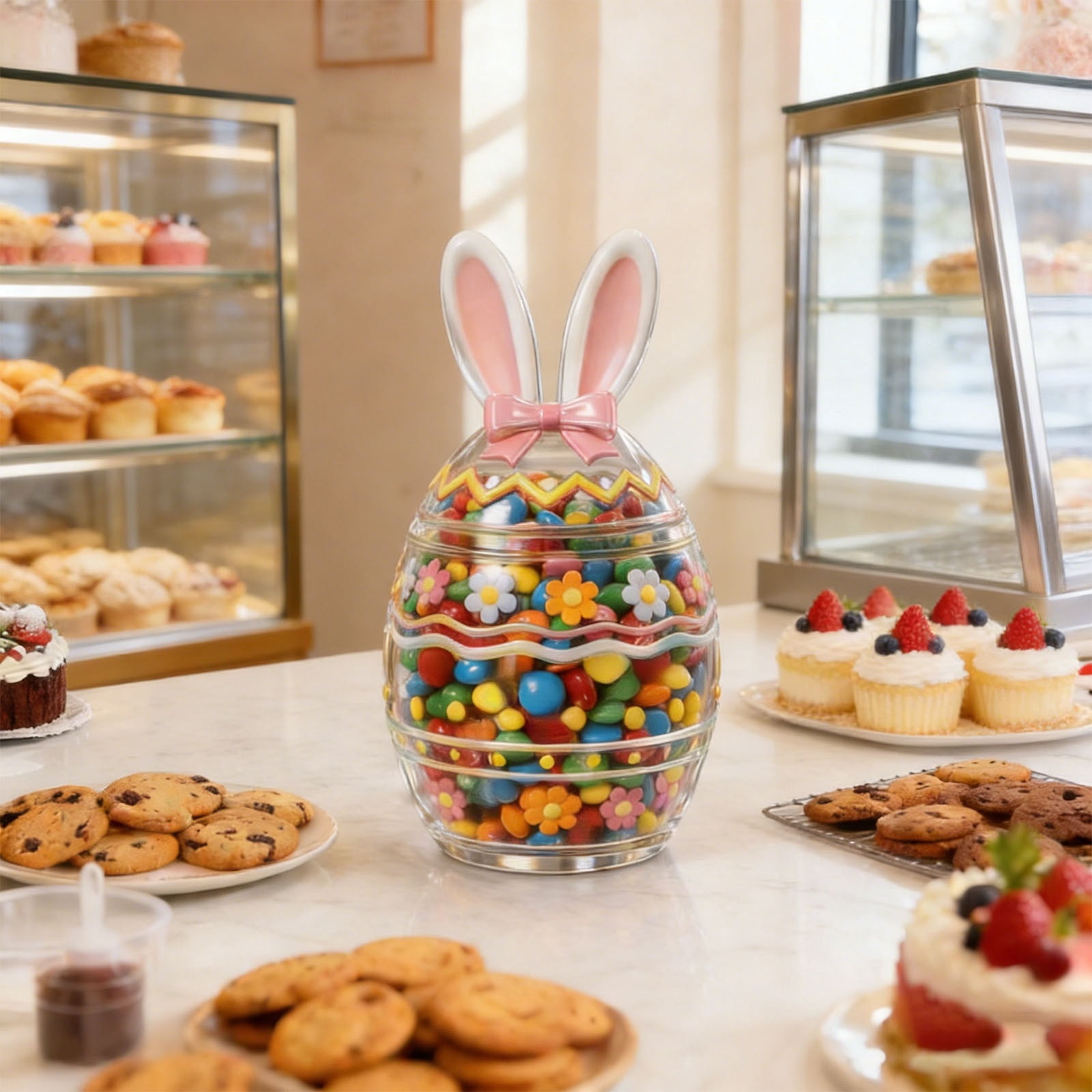 Easter Themed Glass Candy Jar with Lid, Rabbit and Egg Decorative Storage Container, Airtight Treat Jar for Kitchen Counter, Festive Holiday Gift Box for Sweets and Snacks