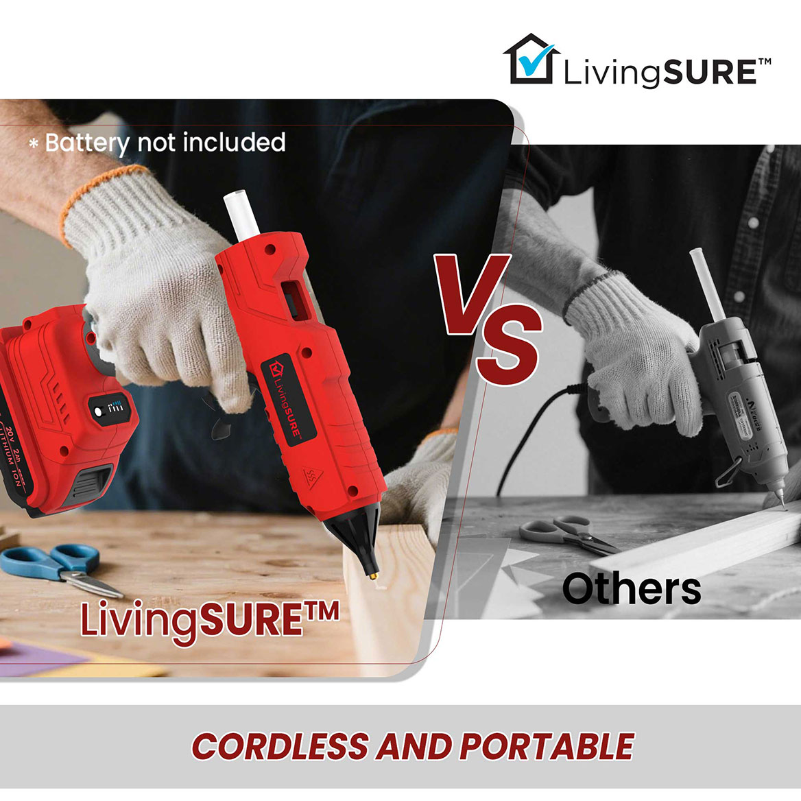 Cordless Hot Glue Gun by LivingSURETM Fast Preheating Hot Melt Glue Gun includes 20pcs Glue Sticks Ergonomic Easy Grip Handle - Battery Not Included