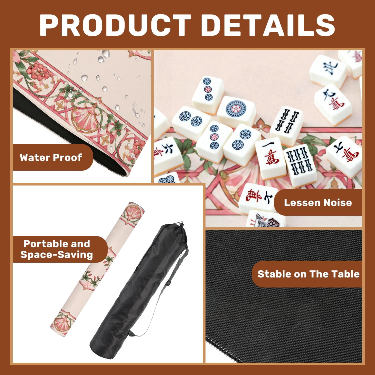 Mahjong Mat 31.5" x 31.5" Pink Floral Wreath Ornamental Border Non-Slip Noise Reduction American Mahjong Tiles Table Cover for Dominoes Poker Card Board Games Gift