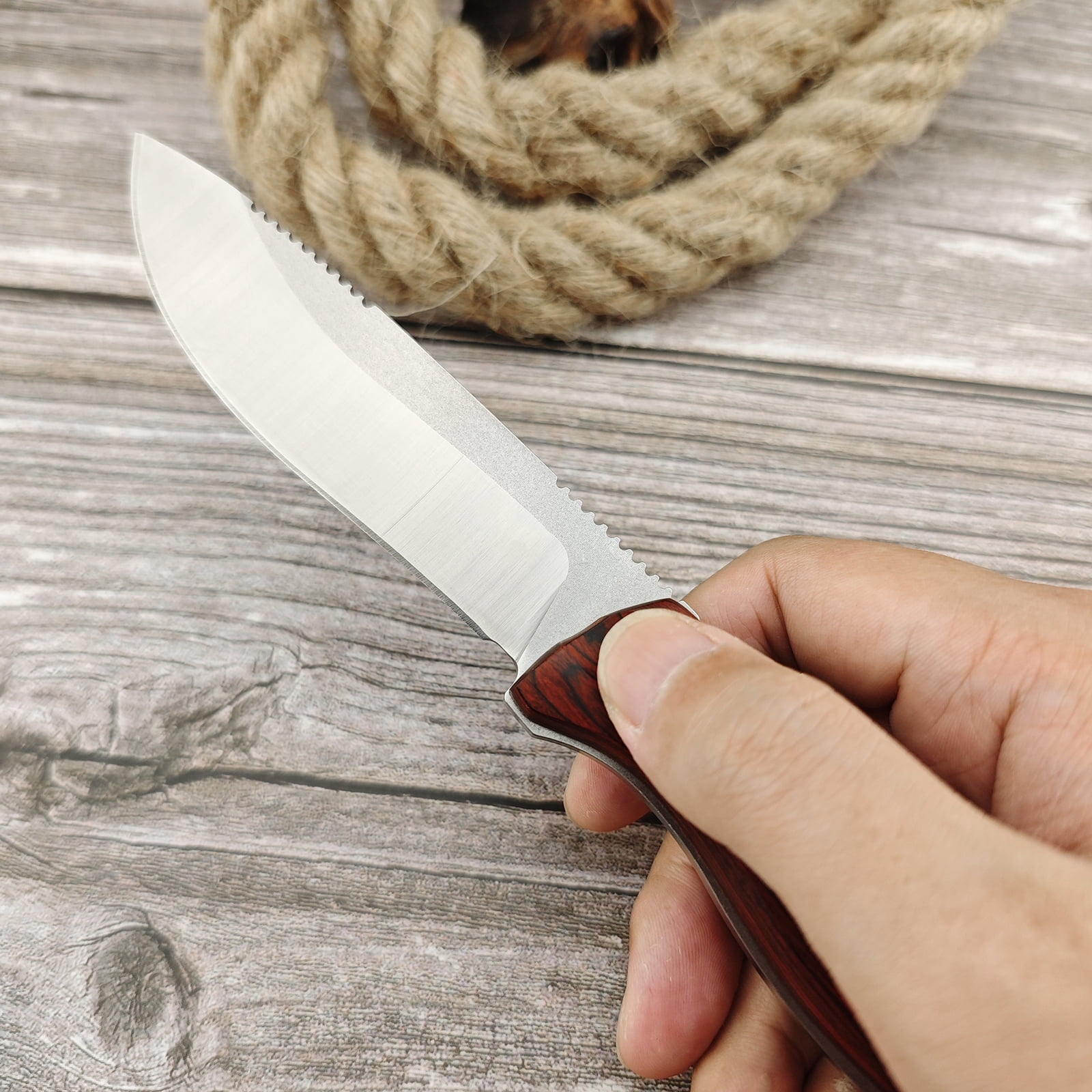 Fixed Blade Knife, Full Tang, Drop Point 440C Blade, Stabilised Wood Handle, Bushcraft Knife with Sheath for Camping, Outdoors