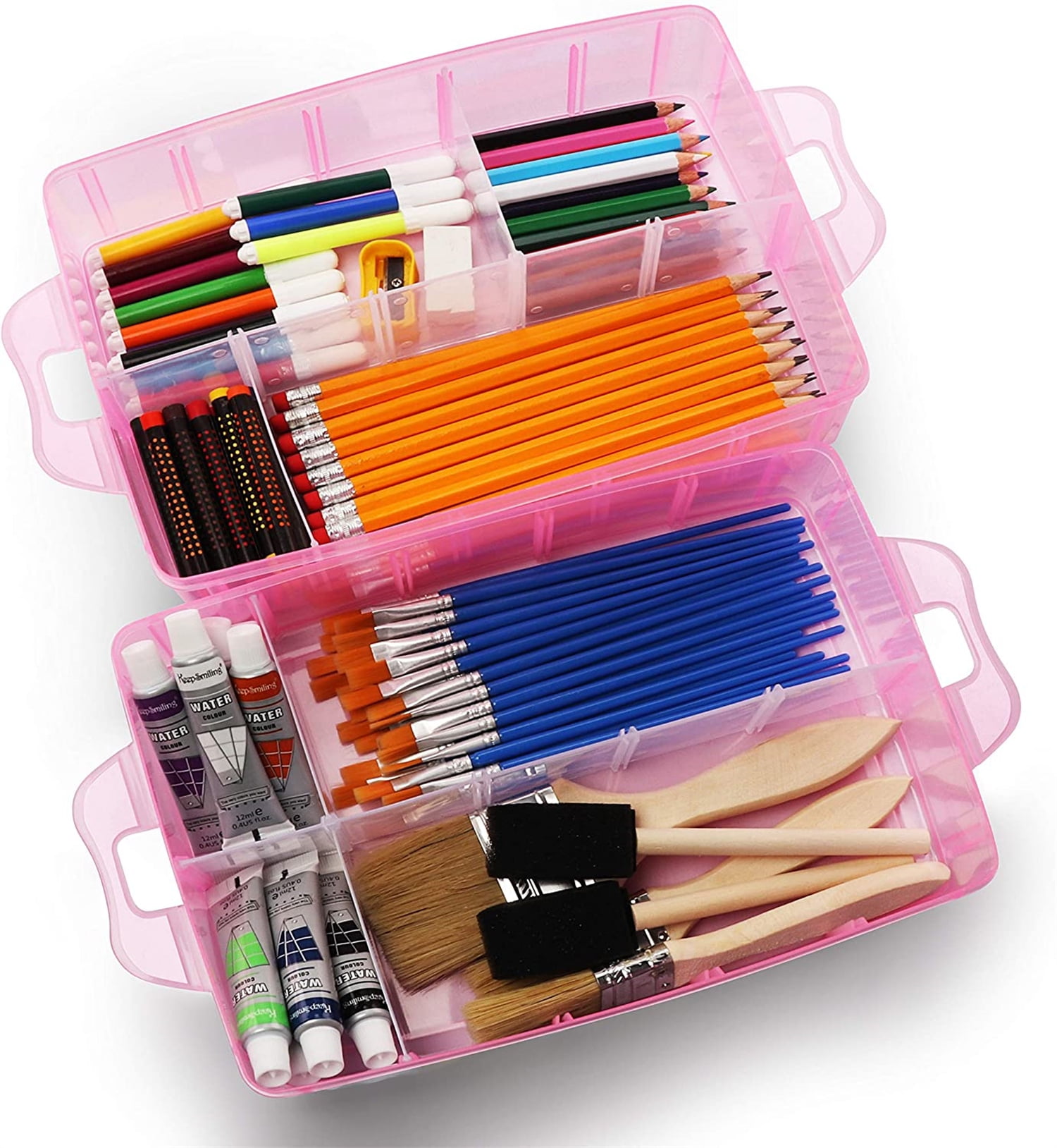 Casewin 3-Tier Transparent Stackable Adjustable Compartment Slot Plastic Craft Storage Box Organizer Snap-Lock Tray Container with 30 Compartment Pink