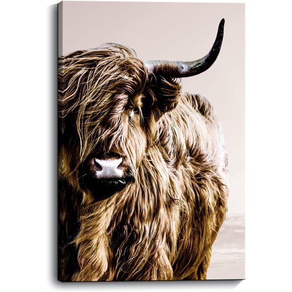 LH137HB-Highland Cow Wall Art Country Farmhouse Wall Decor Strong Confident Yak Canvas Prints with Long Horns Animal Wall Art Fluffy Cattle Pictures Used in Bedroom Bathroom Office Fireplace Kitchen