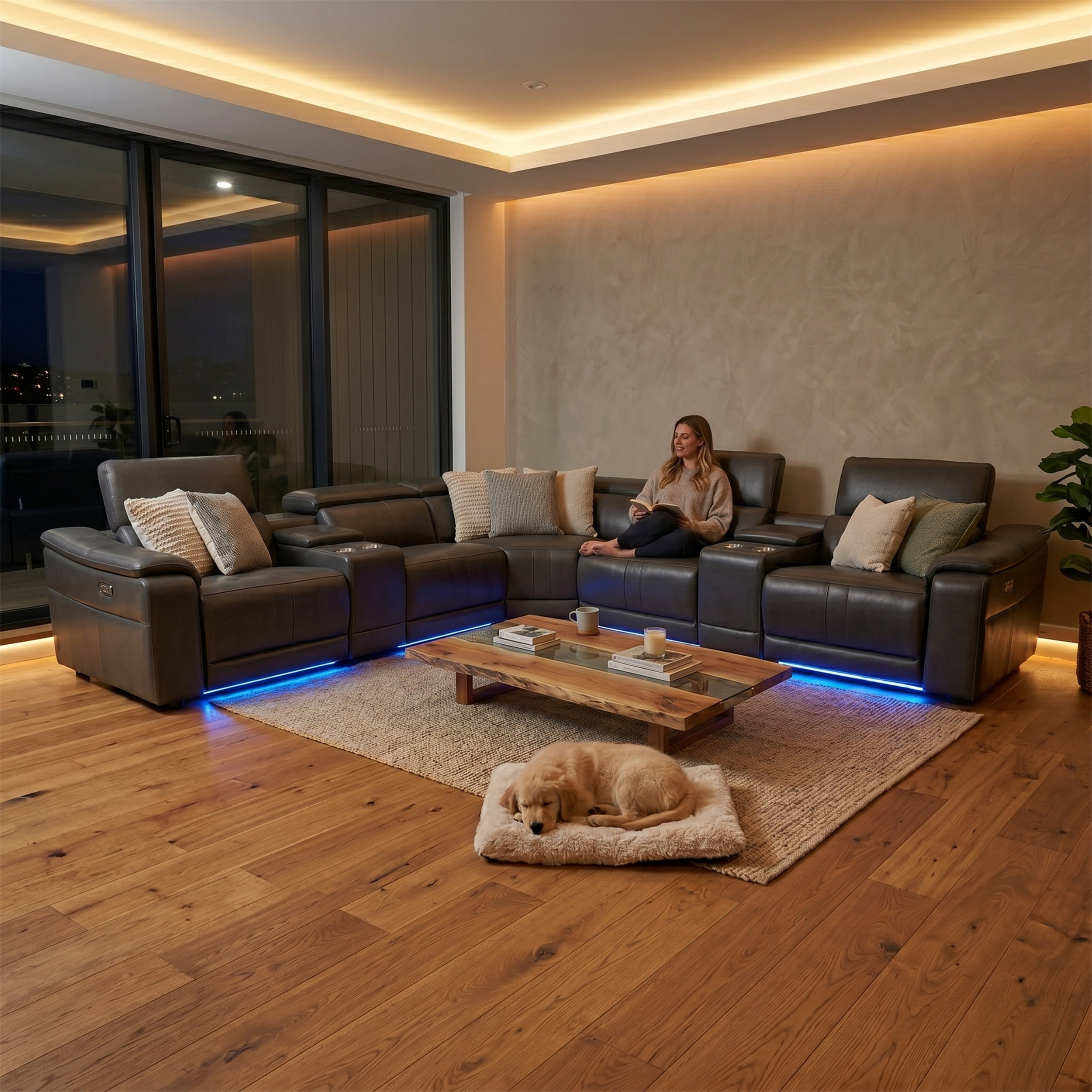 Arron Modern Leather Power Reclining Sectional Sofa with Media Console, Wireless Charging, Bluetooth Speakers, and Ambient LED Under-Glow, Gray