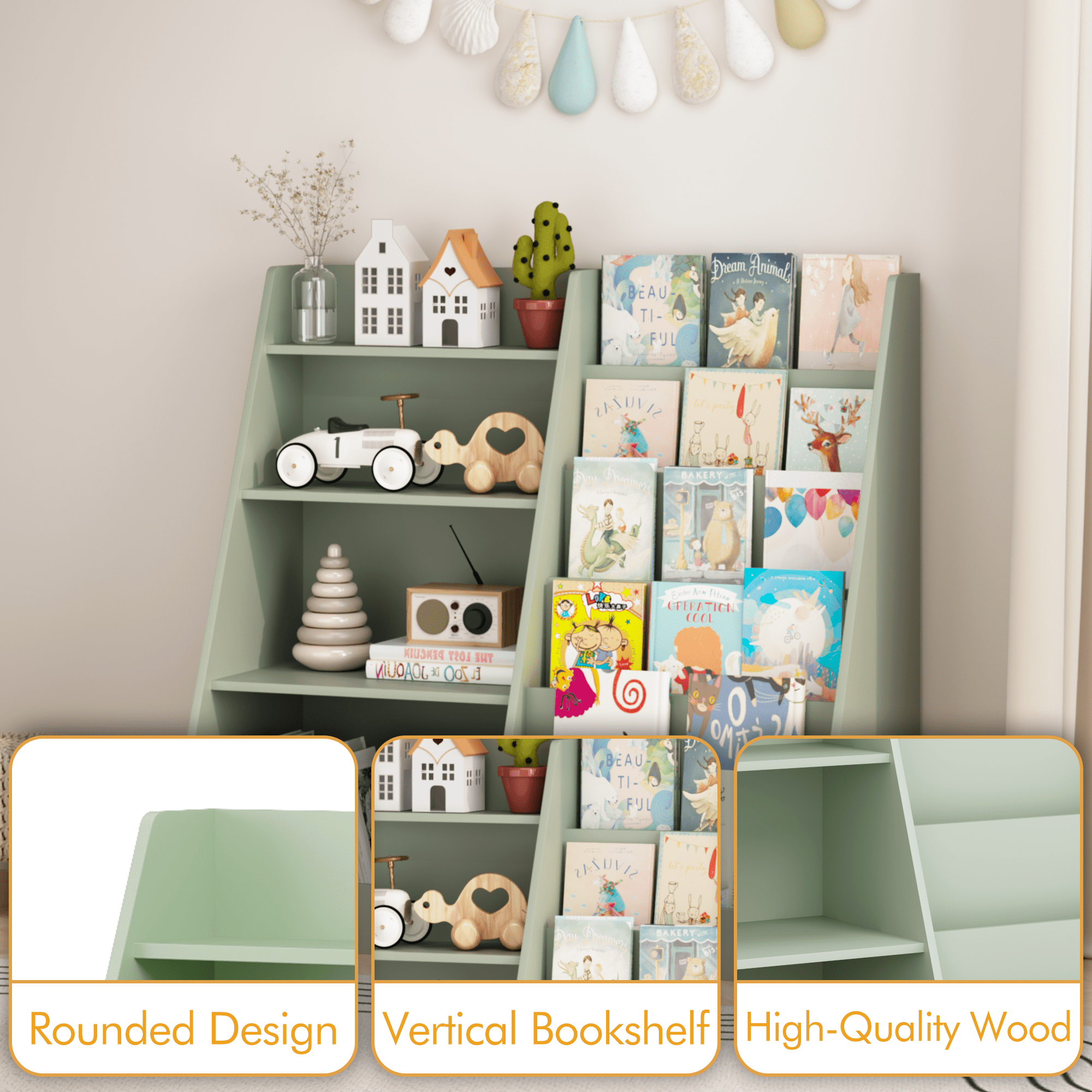 4 Tier Kids Bookshelf and Toy Storage Organizer,Multifunctional Wooden Kids Book Shelf with Bookcase Display Stand for Kids Room,Playroom,Green