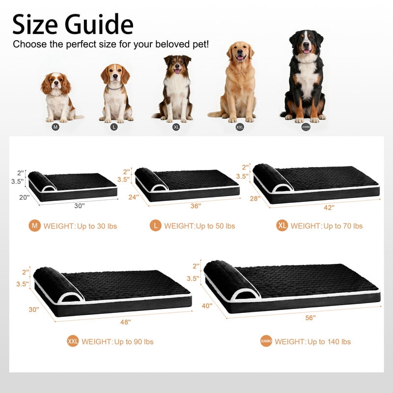 Exclusivo Mezcla Orthopedic Dog Bed with Head Pillow for Extra Large Dogs, Removable and Machine-Washable Cover, 56"X40", Black