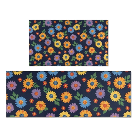 Pioneer Flower Floral Print Pattern Kitchen Rugs Sets Of 2, Anti Fatigue Non Slip Washable Floor Mats for Kitchen Sink Laundry, 17X30 Inch 17X47 Inch