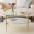 thumbnail image 3 of Rectangle Coffee Table Mid-Century Modern Design L W x H for Living Room - Structure Amber Glass Top and Walnut MDF Shelf Sleek Conical Metal Legs with Gold Finish, 3 of 9