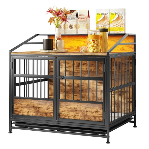 ZephyPaws 35in Dog Crate Furniture with Double Doors,Storage,Wooden Dog Cage for Large/Medium Dog Indoor,Hold up to 60 lbs,Rustic Brown