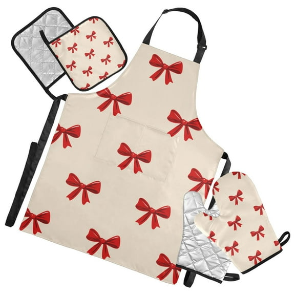 Neatly Red Bows Apron Set with Oven Mitts Pot Holders Set of 5 Kitchen Stuff Accessories
