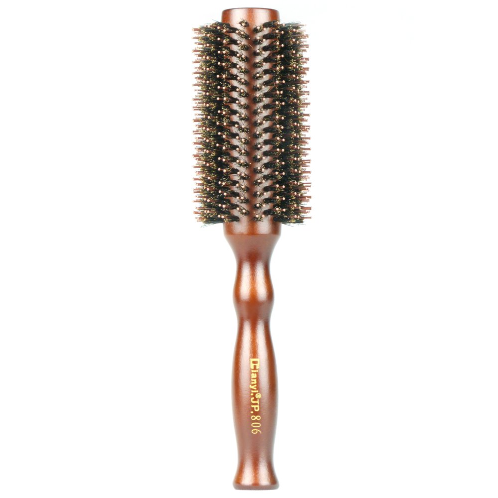 Natural Boar Bristles Hair Roll Brush with Wood Handle, Round Comb